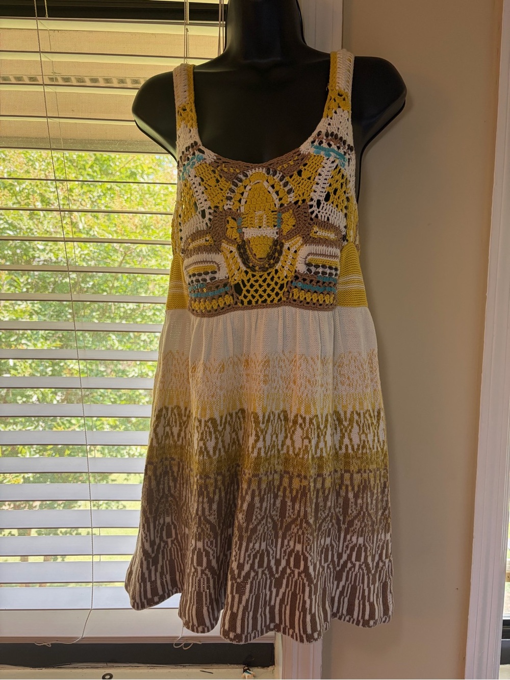 Yellow White Brown Crochet Knit Sundress